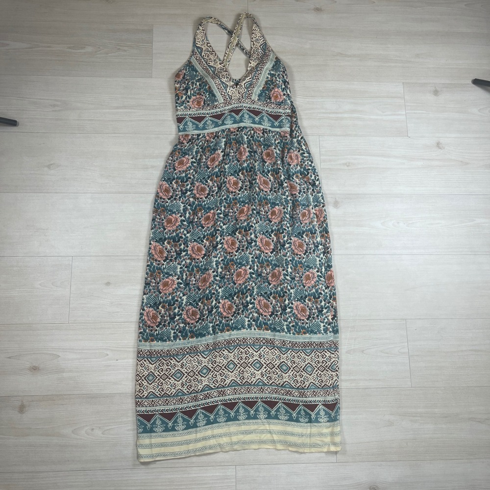 Angie Women Teal Floral Geometric Boho Rayon Maxi Dress Medium Smocked Back